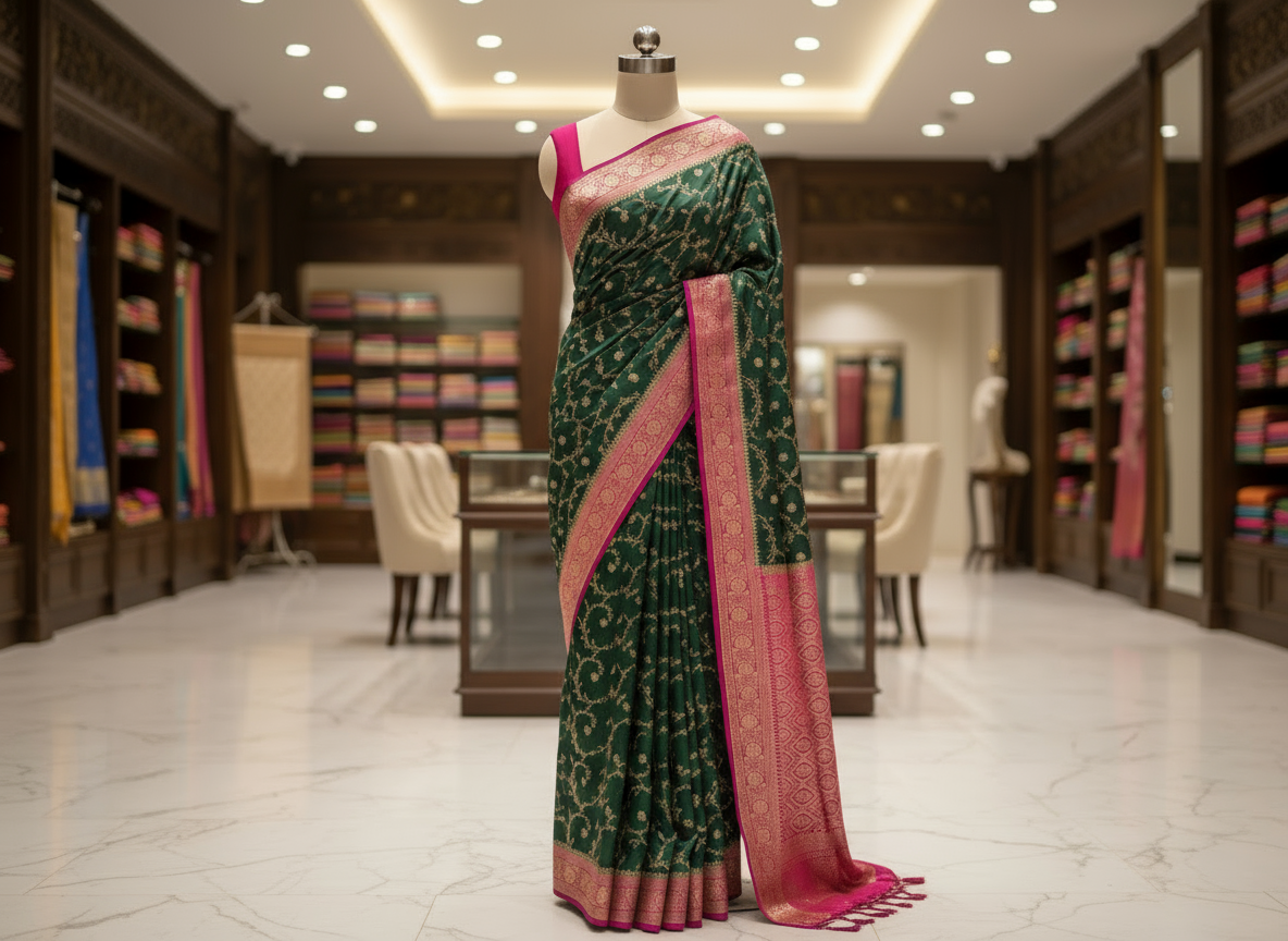 Dark Green Banarasi Mashru Silk Saree with Gold Jaal Patterns with Contrast Border - Traditional Wear