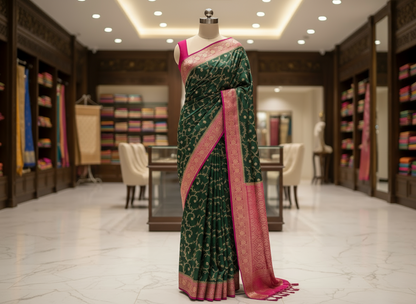 Dark Green Banarasi Mashru Silk Saree with Gold Jaal Patterns with Contrast Border - Traditional Wear