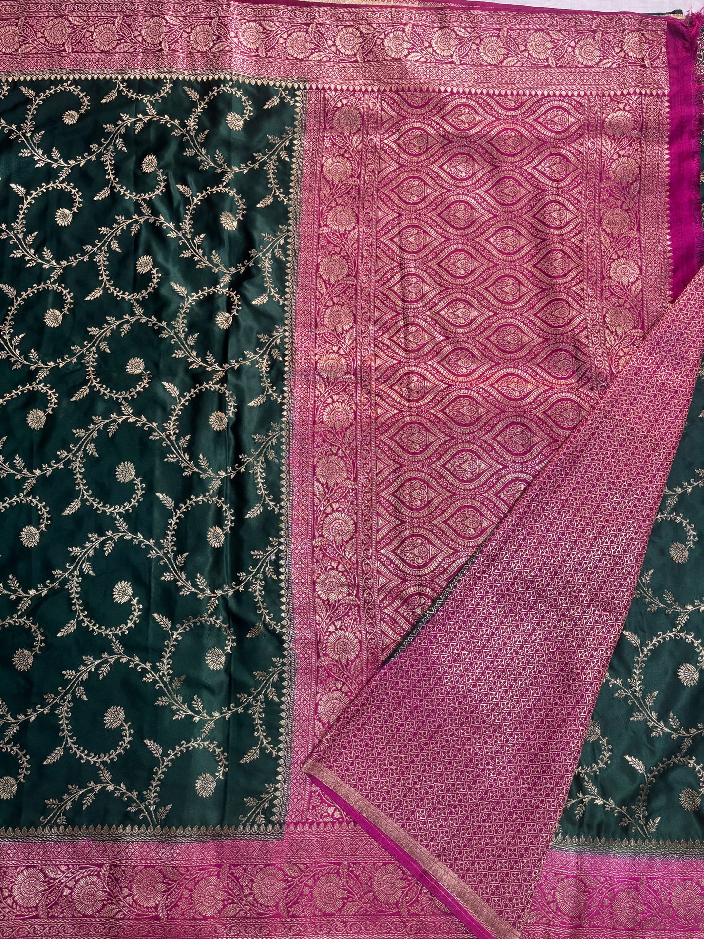 Dark Green Banarasi Mashru Silk Saree with Gold Jaal Patterns with Contrast Border - Traditional Wear