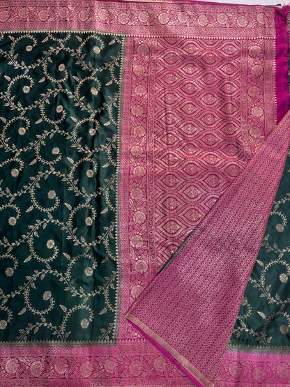 Dark Green Banarasi Mashru Silk Saree with Gold Jaal Patterns with Contrast Border - Traditional Wear