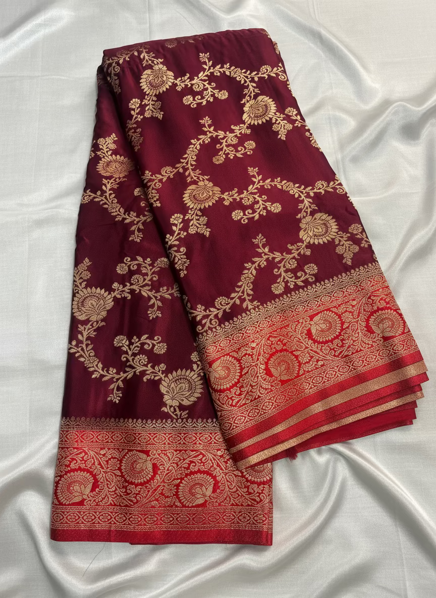 Maroon Banarasi Mashru Silk Saree with Gold Jaal Patterns with Contrast Border - Traditional Wear