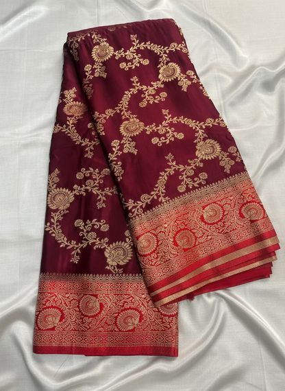 Maroon Banarasi Mashru Silk Saree with Gold Jaal Patterns with Contrast Border - Traditional Wear