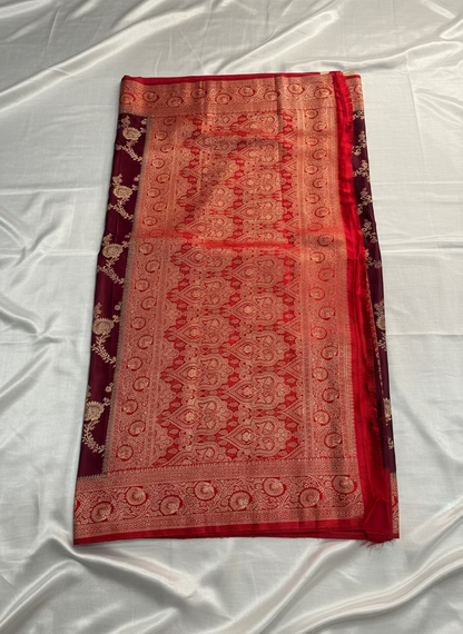 Maroon Banarasi Mashru Silk Saree with Gold Jaal Patterns with Contrast Border - Traditional Wear