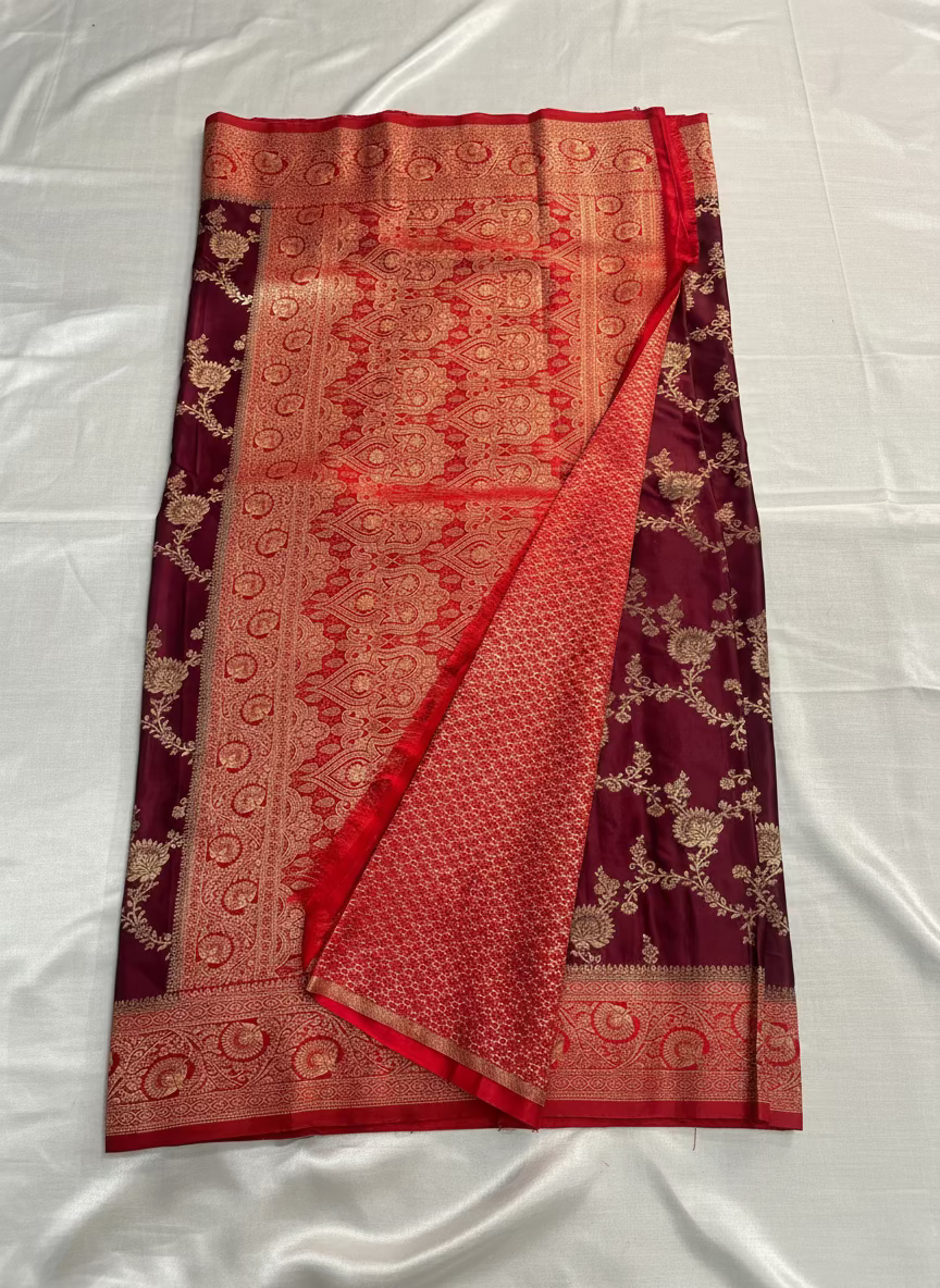 Maroon Banarasi Mashru Silk Saree with Gold Jaal Patterns with Contrast Border - Traditional Wear