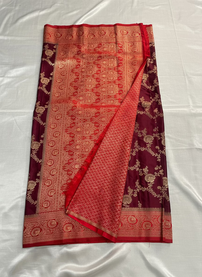Maroon Banarasi Mashru Silk Saree with Gold Jaal Patterns with Contrast Border - Traditional Wear