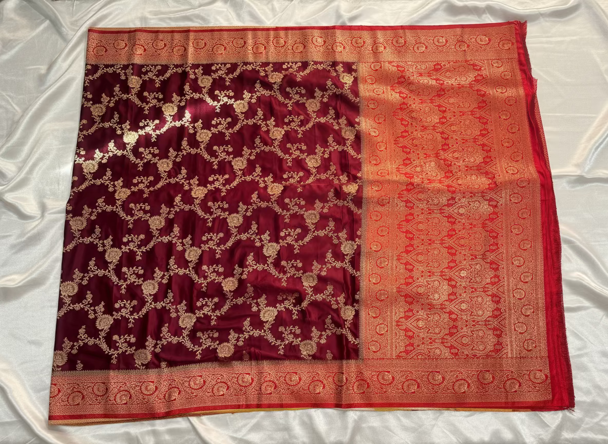 Maroon Banarasi Mashru Silk Saree with Gold Jaal Patterns with Contrast Border - Traditional Wear