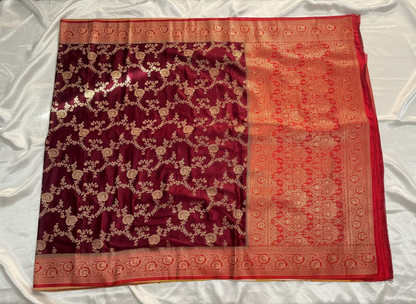 Maroon Banarasi Mashru Silk Saree with Gold Jaal Patterns with Contrast Border - Traditional Wear