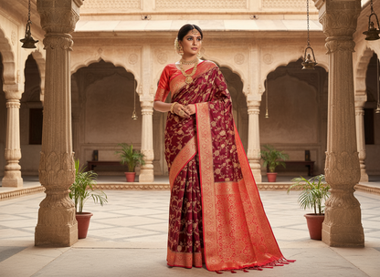 Maroon Banarasi Mashru Silk Saree with Gold Jaal Patterns with Contrast Border - Traditional Wear