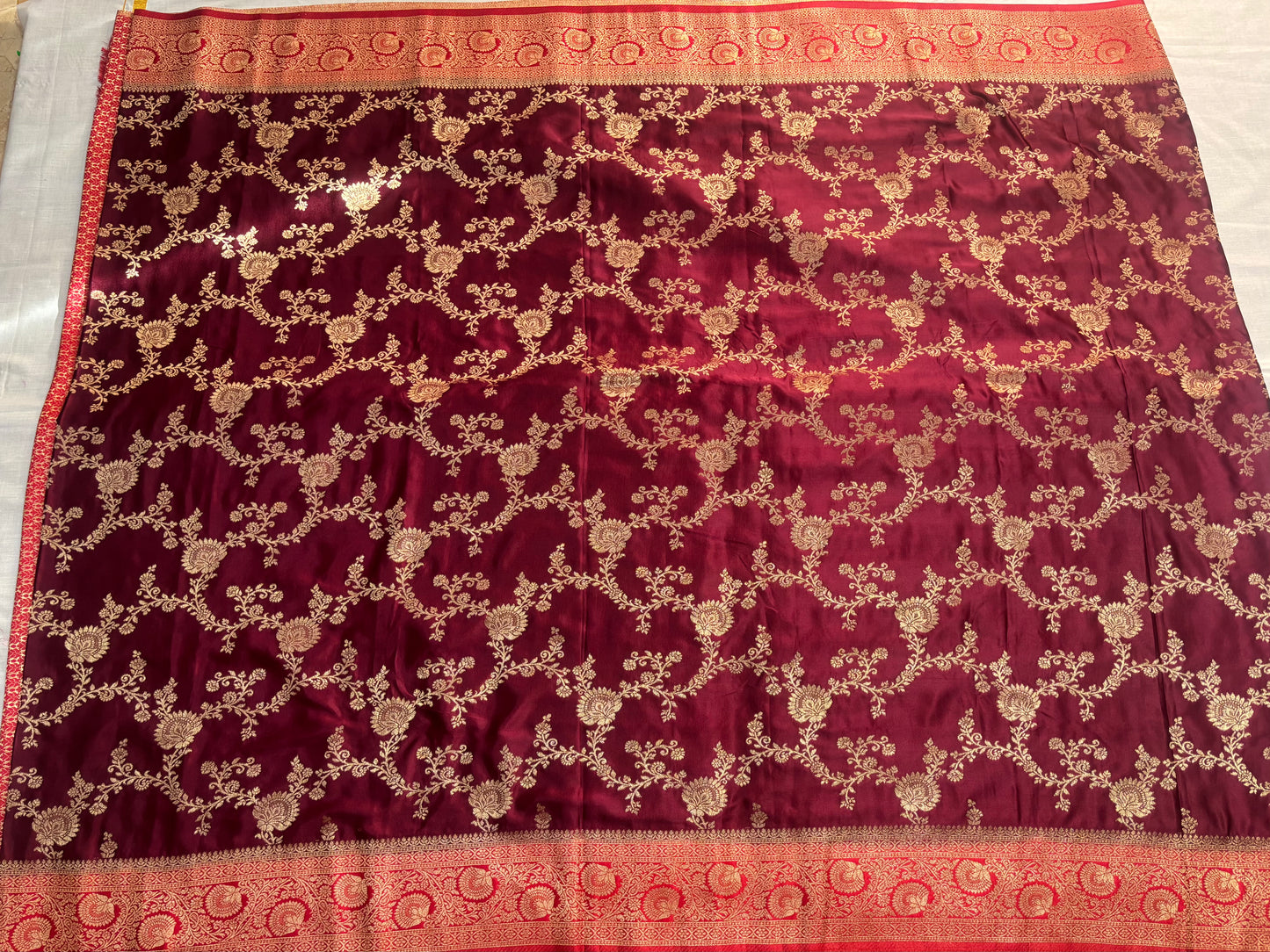 Maroon Banarasi Mashru Silk Saree with Gold Jaal Patterns with Contrast Border - Traditional Wear