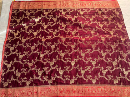 Maroon Banarasi Mashru Silk Saree with Gold Jaal Patterns with Contrast Border - Traditional Wear