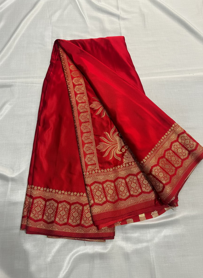 Red Banarasi Mashru Silk Saree with Geometrical Shaped Pattern - Traditional Wear