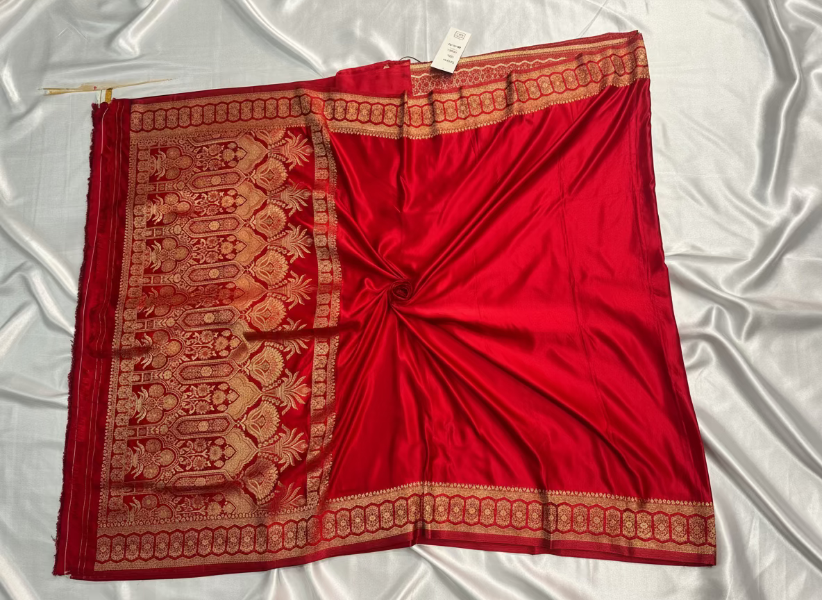 Red Banarasi Mashru Silk Saree with Geometrical Shaped Pattern - Traditional Wear