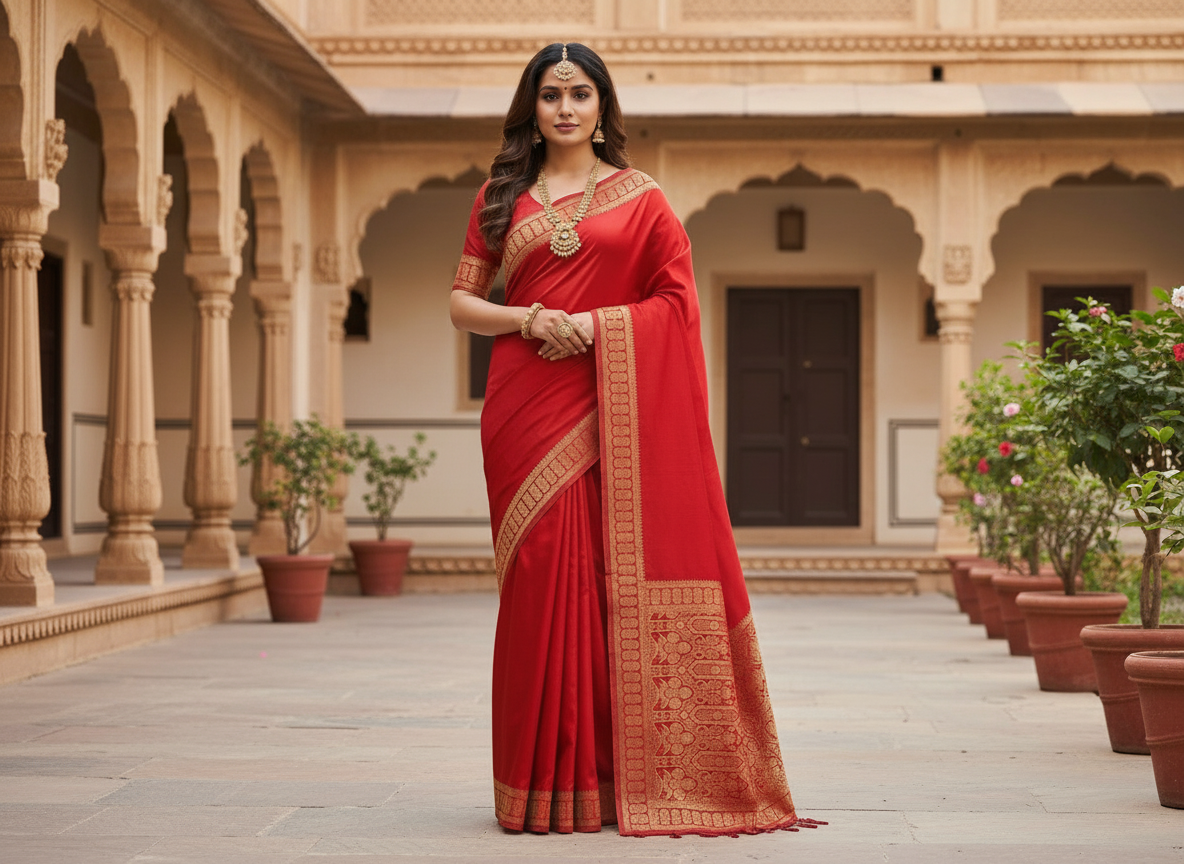 Red Banarasi Mashru Silk Saree with Geometrical Shaped Pattern - Traditional Wear