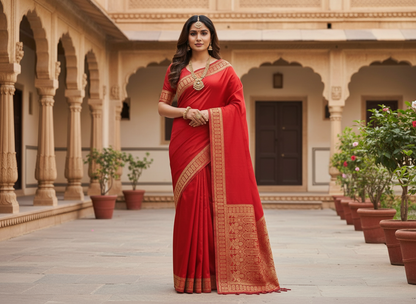 Red Banarasi Mashru Silk Saree with Geometrical Shaped Pattern - Traditional Wear