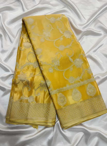 Mango Yellow Banarasi Russian Silk Saree with Silver Jaal Design - Designer Party Wear