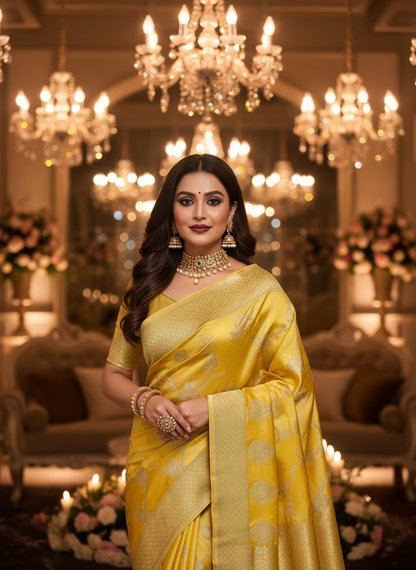 Mango Yellow Banarasi Russian Silk Saree with Silver Jaal Design - Designer Party Wear