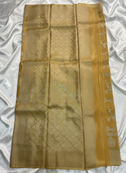 Mango Yellow Banarasi Russian Silk Saree with Silver Jaal Design - Designer Party Wear