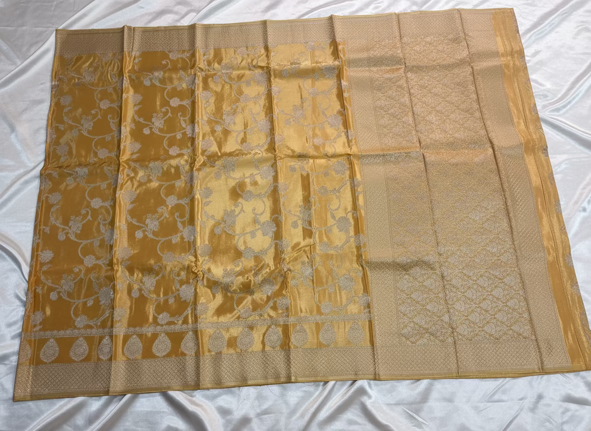 Mango Yellow Banarasi Russian Silk Saree with Silver Jaal Design - Designer Party Wear