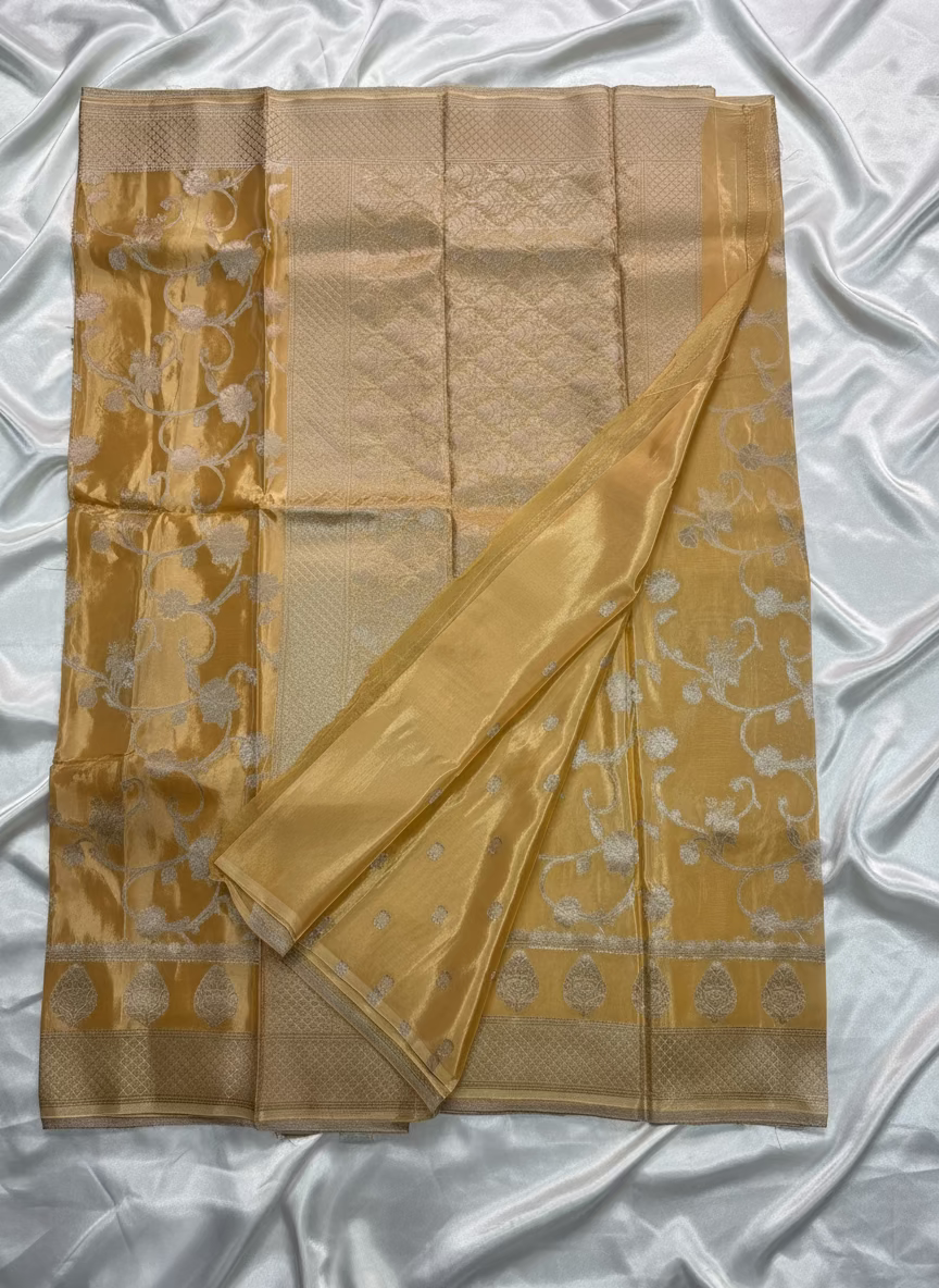 Mango Yellow Banarasi Russian Silk Saree with Silver Jaal Design - Designer Party Wear