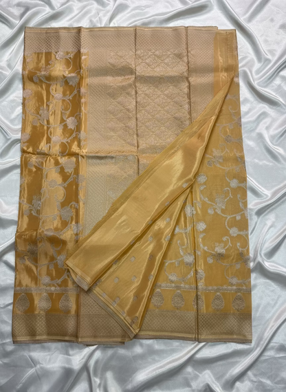 Mango Yellow Banarasi Russian Silk Saree with Silver Jaal Design - Designer Party Wear