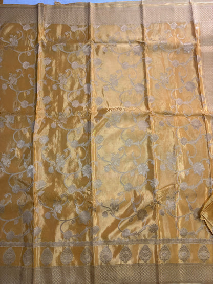 Mango Yellow Banarasi Russian Silk Saree with Silver Jaal Design - Designer Party Wear