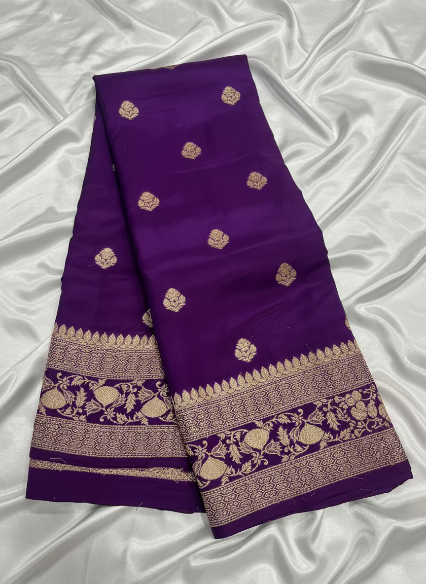 Purple Banarasi Russian Silk Saree with Small Butta with Bentex Jaal Border- Traditional Wear