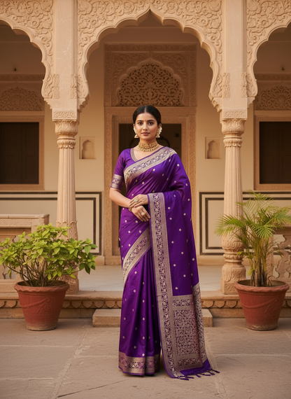 Purple Banarasi Russian Silk Saree with Small Butta with Bentex Jaal Border- Traditional Wear