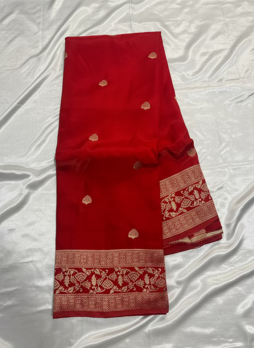 Red Banarasi Russian Silk Saree with Small Butta with Bentex Jaal Border- Traditional Wear