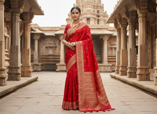 Red Banarasi Russian Silk Saree with Small Butta with Bentex Jaal Border- Traditional Wear