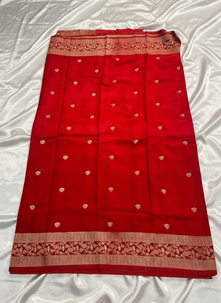 Red Banarasi Russian Silk Saree with Small Butta with Bentex Jaal Border- Traditional Wear