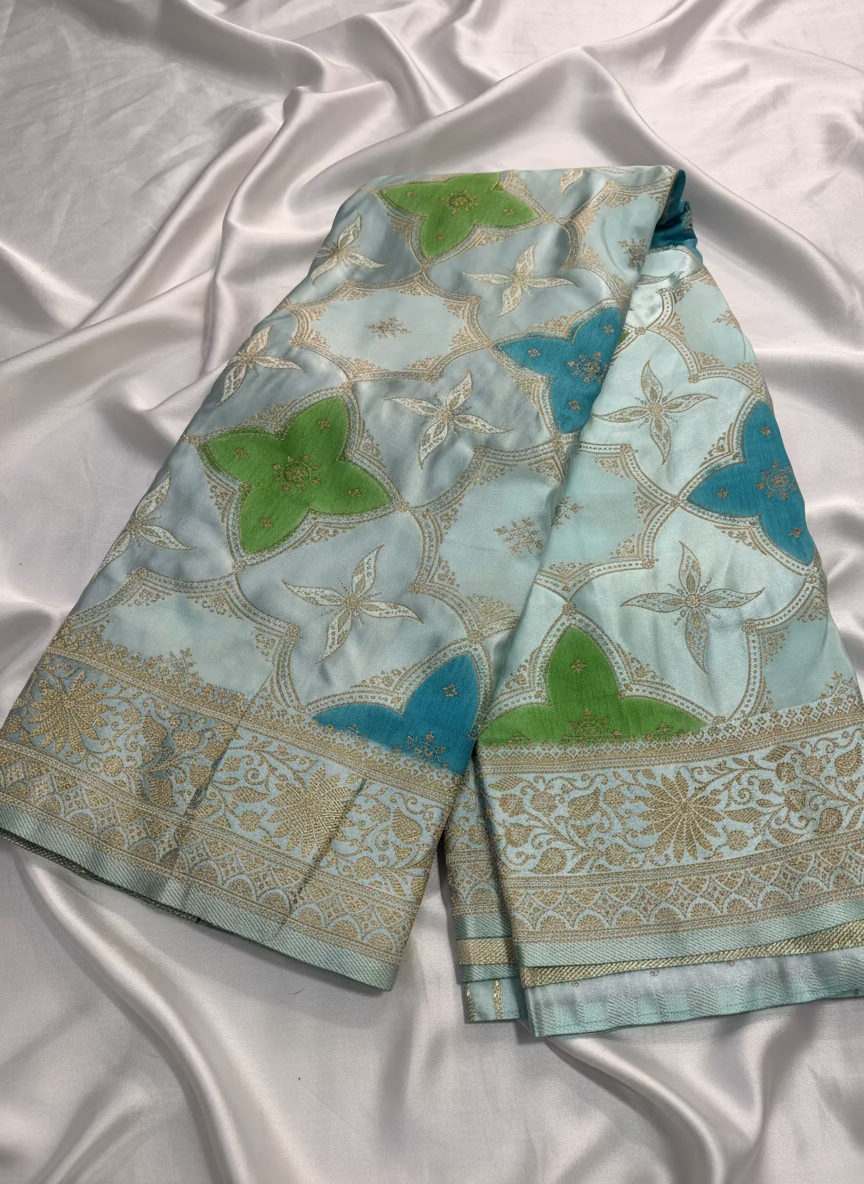 Sky Blue Banarasi Mashru Silk Saree in Rangkat Concept  - Designer Party Wear