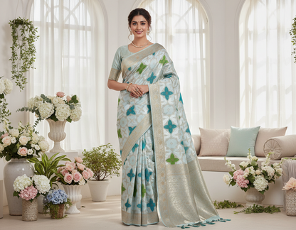 ರಂಗಕಟ್ ಪರಿಕಲ್ಪನೆಯಲ್ಲಿ ಸ್ಕೈ ಬ್ಲೂ ಬನಾರಸಿ ಮಶ್ರು ಸಿಲ್ಕ್ ಸೀರೆ - ಡಿಸೈನರ್ ಪಾರ್ಟಿ ವೇರ್