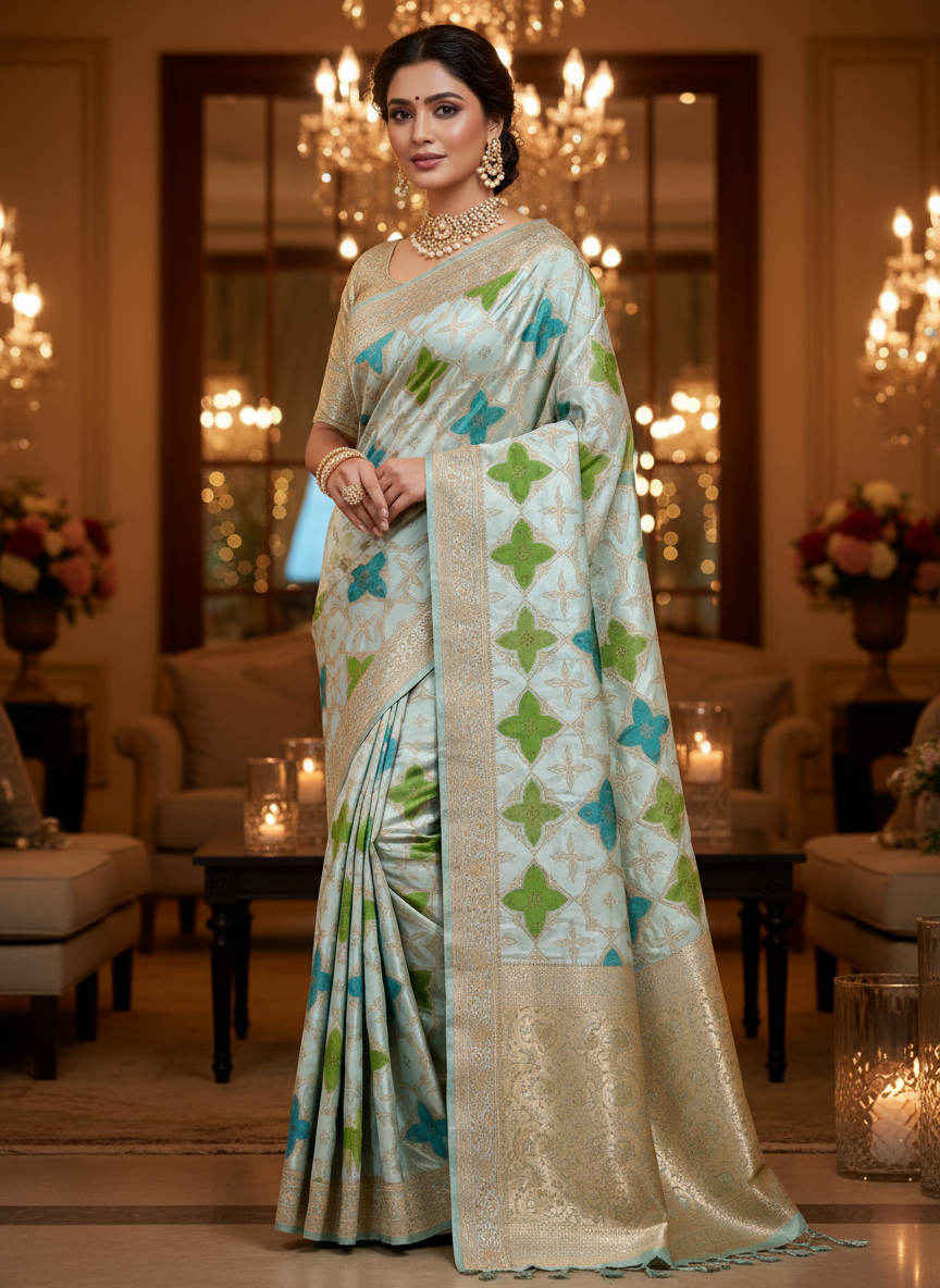 Sky Blue Banarasi Mashru Silk Saree in Rangkat Concept  - Designer Party Wear