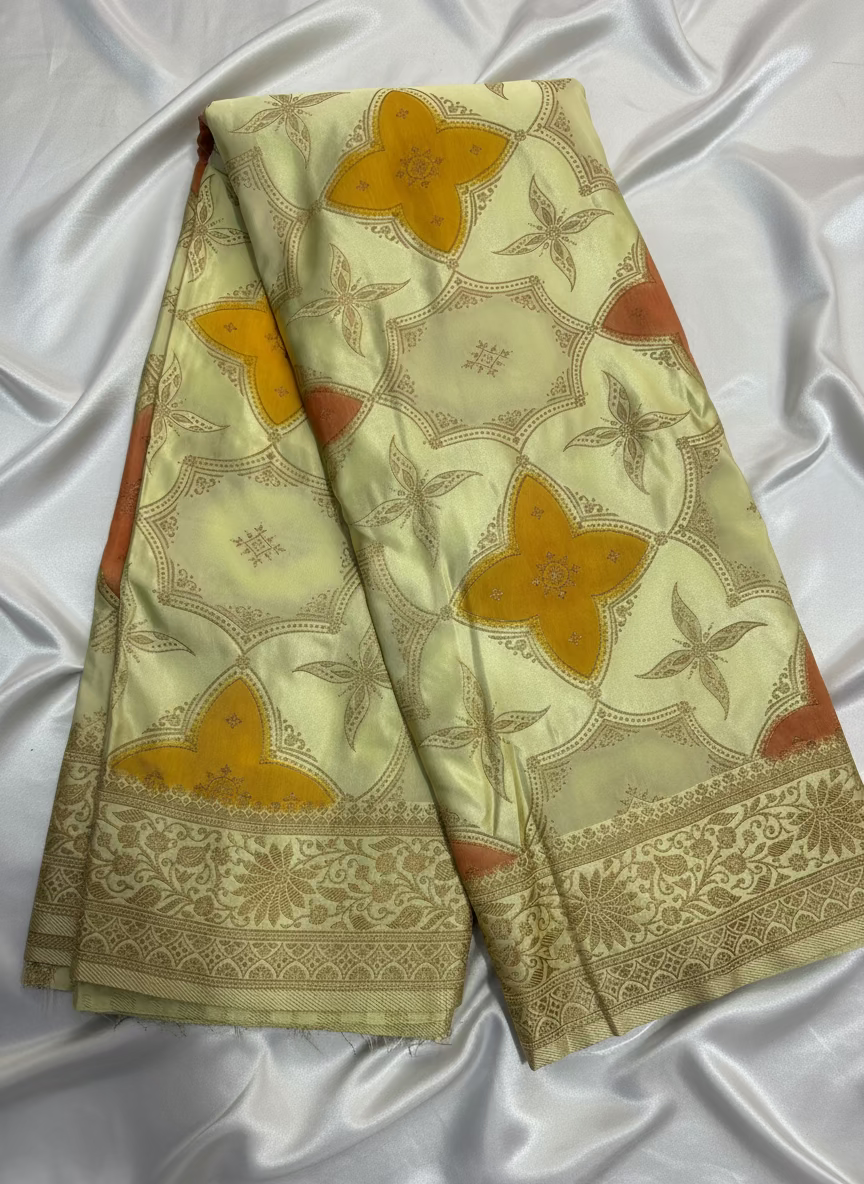 Lemon Yellow Banarasi Mashru Silk Saree in Rangkat Concept  - Designer Party Wear