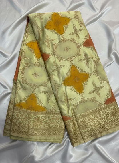 Lemon Yellow Banarasi Mashru Silk Saree in Rangkat Concept  - Designer Party Wear