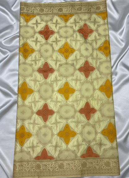 Lemon Yellow Banarasi Mashru Silk Saree in Rangkat Concept  - Designer Party Wear