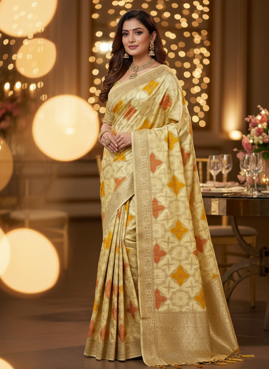 Lemon Yellow Banarasi Mashru Silk Saree in Rangkat Concept  - Designer Party Wear