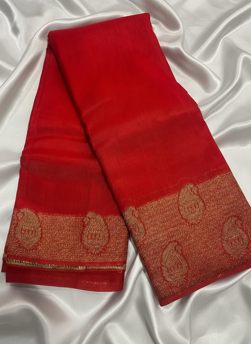 Bright Red Banarasi Tussar Matka Silk Saree with Copper Zari Mango Weaving - Traditional Wear