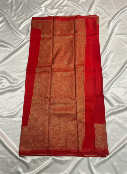 Bright Red Banarasi Tussar Matka Silk Saree with Copper Zari Mango Weaving - Traditional Wear