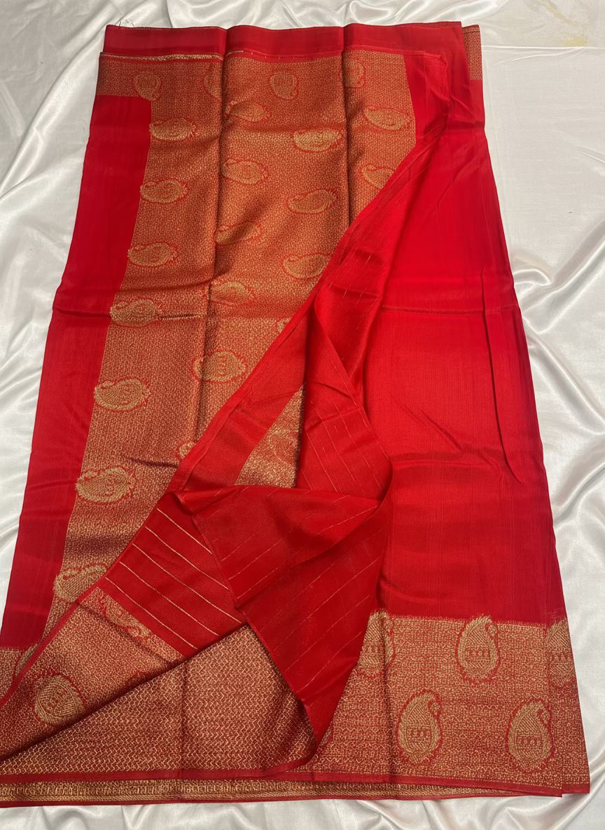Bright Red Banarasi Tussar Matka Silk Saree with Copper Zari Mango Weaving - Traditional Wear