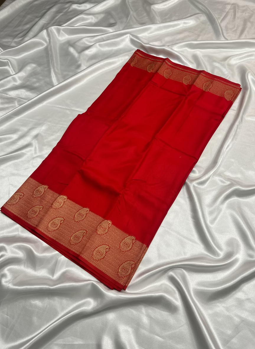 Bright Red Banarasi Tussar Matka Silk Saree with Copper Zari Mango Weaving - Traditional Wear