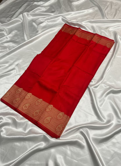 Bright Red Banarasi Tussar Matka Silk Saree with Copper Zari Mango Weaving - Traditional Wear