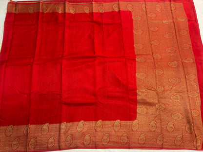 Bright Red Banarasi Tussar Matka Silk Saree with Copper Zari Mango Weaving - Traditional Wear