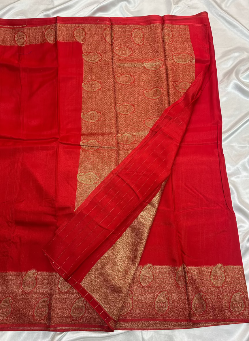 Bright Red Banarasi Tussar Matka Silk Saree with Copper Zari Mango Weaving - Traditional Wear