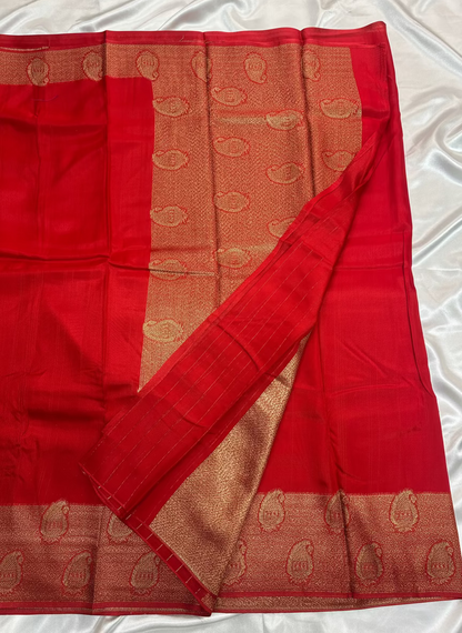 Bright Red Banarasi Tussar Matka Silk Saree with Copper Zari Mango Weaving - Traditional Wear