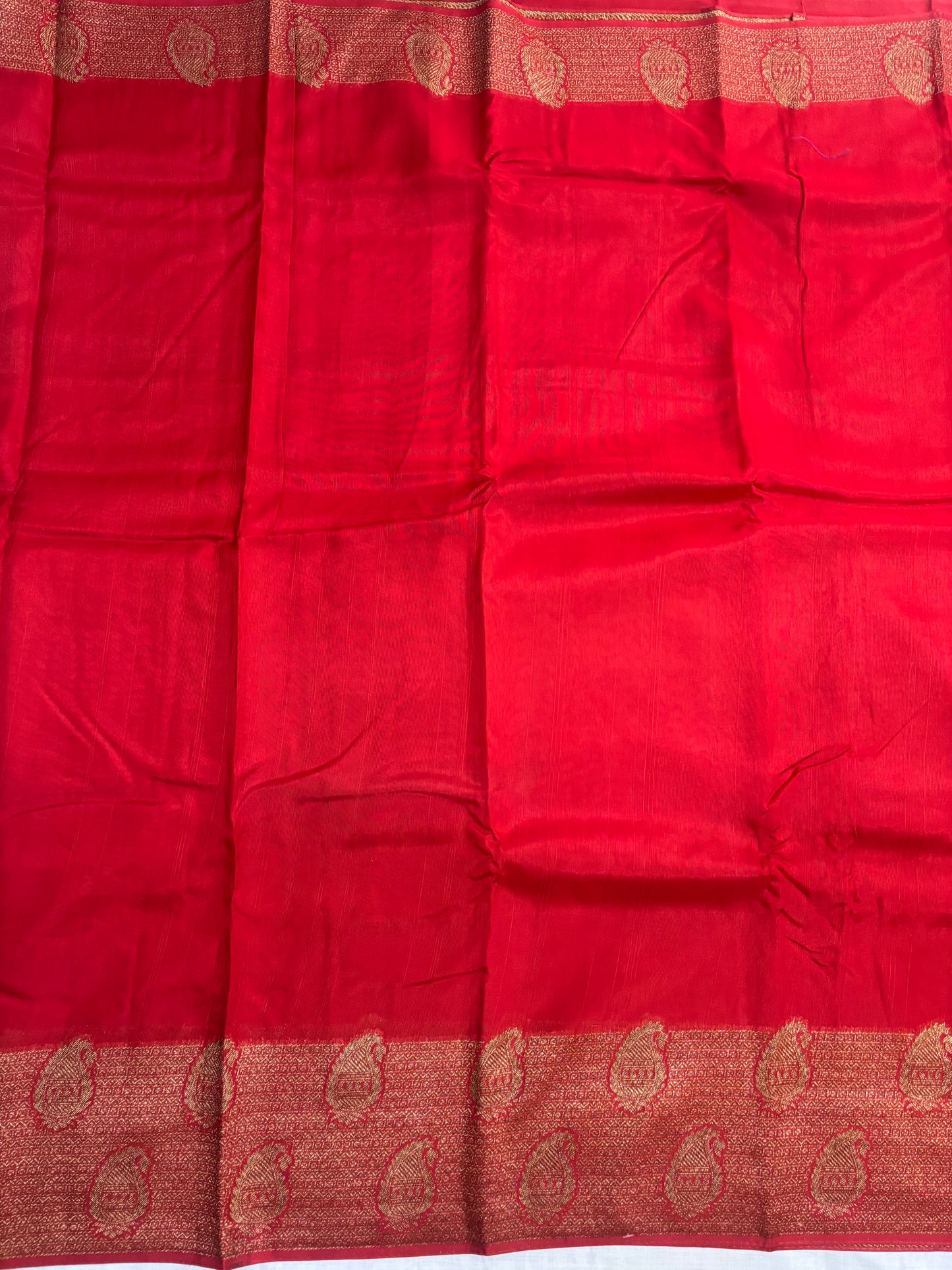 Bright Red Banarasi Tussar Matka Silk Saree with Copper Zari Mango Weaving - Traditional Wear