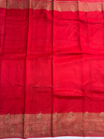 Bright Red Banarasi Tussar Matka Silk Saree with Copper Zari Mango Weaving - Traditional Wear
