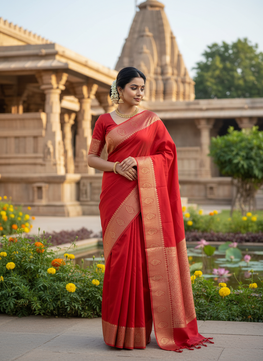 Bright Red Banarasi Tussar Matka Silk Saree with Copper Zari Mango Weaving - Traditional Wear
