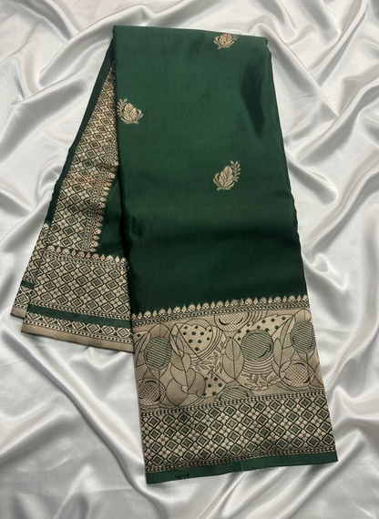 Dark Green Banarasi Russian Silk Saree with Light Gold Pallu & Border - Traditional Wear