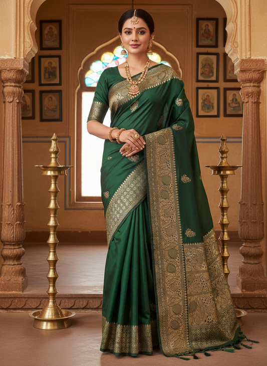 Dark Green Banarasi Russian Silk Saree with Light Gold Pallu & Border - Traditional Wear